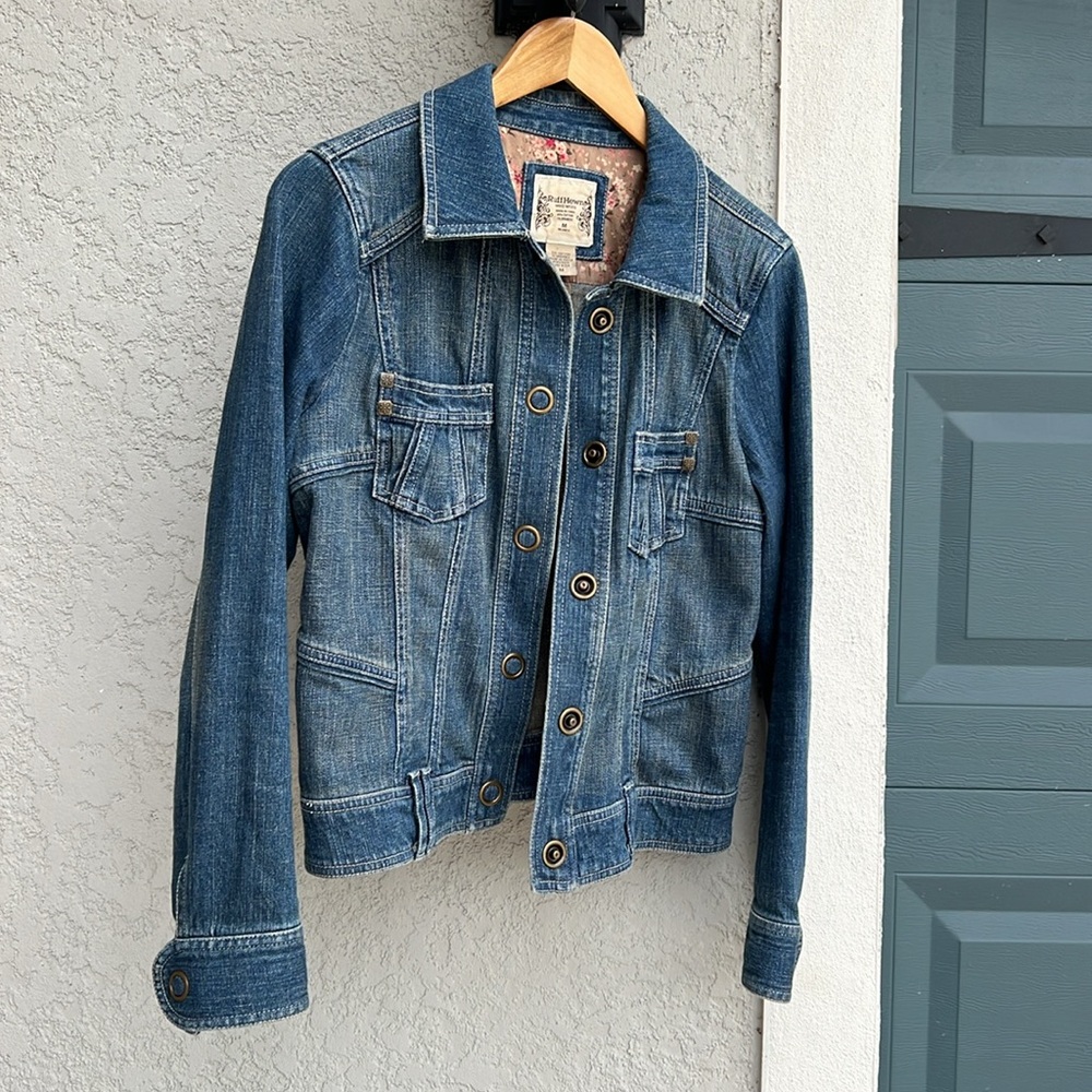 Ruff Hewn Blue Denim Jean Jacket Women’s Medium Gold Button Stretch Cotton